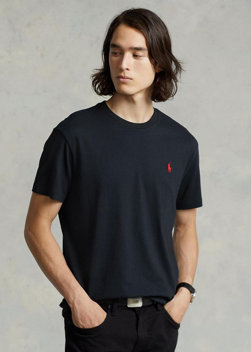 Camiseta Polo Ralph Lauren Hombre Custom Slim Fit Jersey Crewneck Chile Negras OEXTL-5420